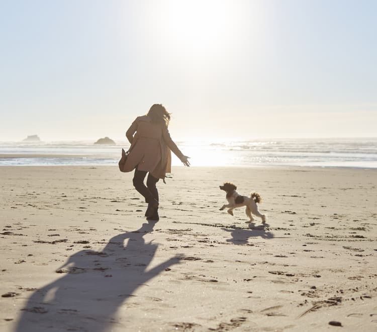 Woman and Dog Running on Beach