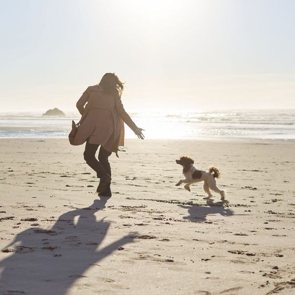 Woman and Dog Running on Beach