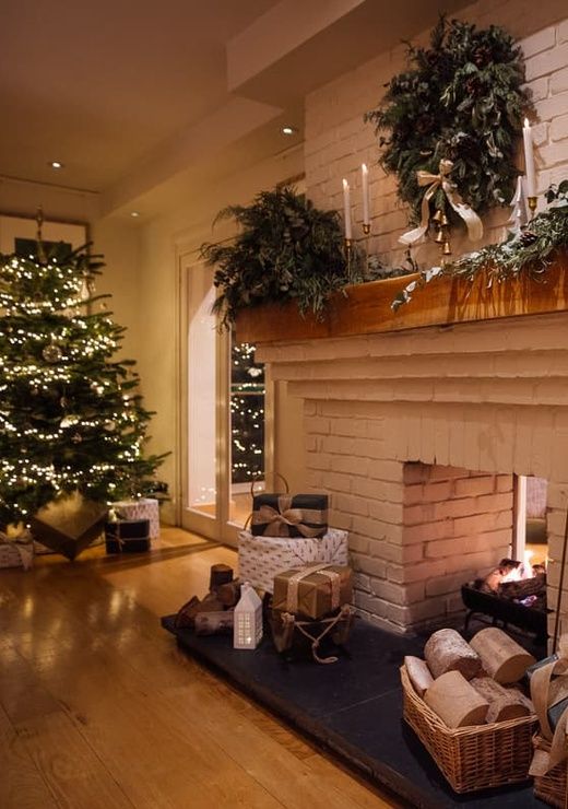 Christmas decor by fireplace