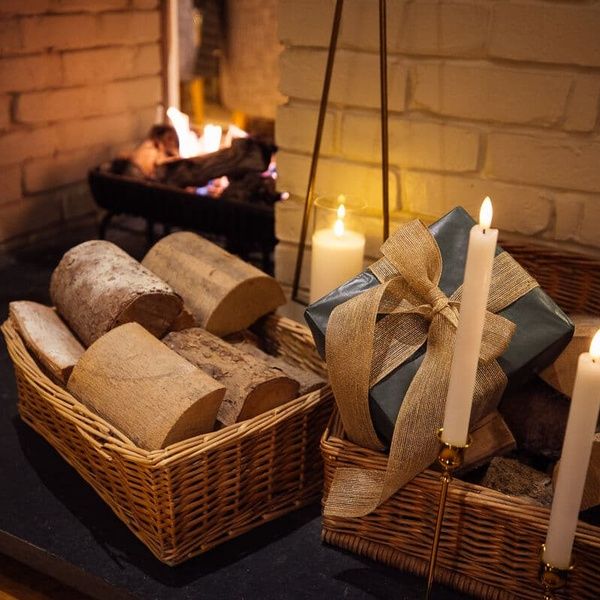 Christmas decor by fireplace